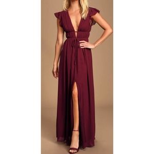 LULU'S SZ L I'm All Yours Burgundy Ruffled Maxi Bridesmaid Long Dress NEW B55
